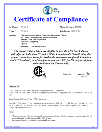 嵩隆鑫电高焦耳CSA证书