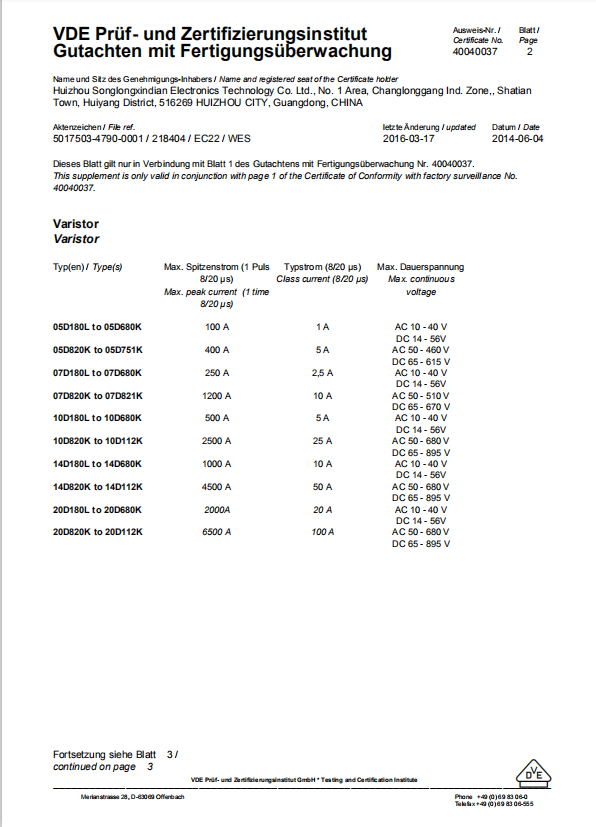 Song Long Xin Electric VDE certificate 40040037